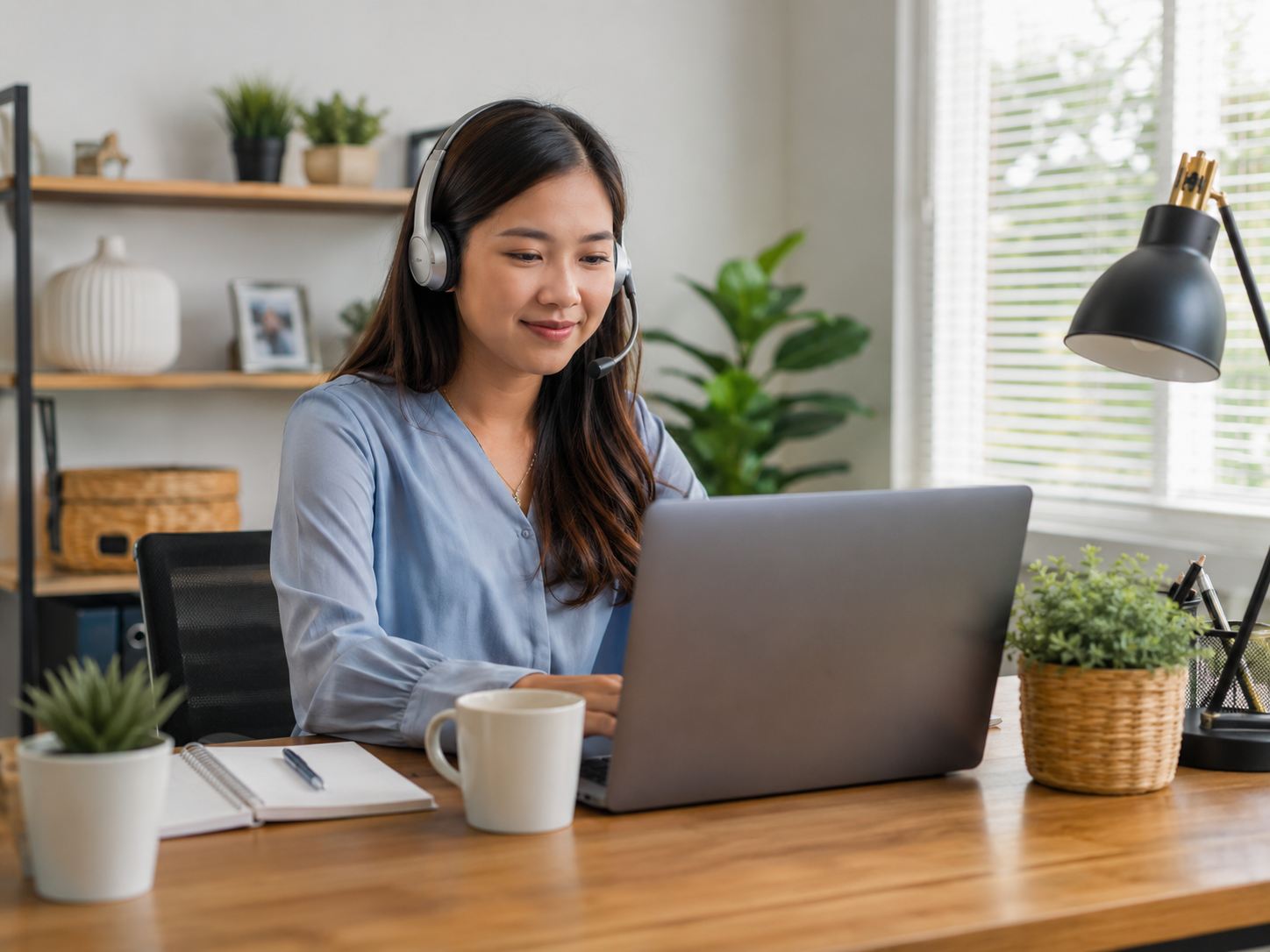 Filipina virtual assistant working from her bright home office