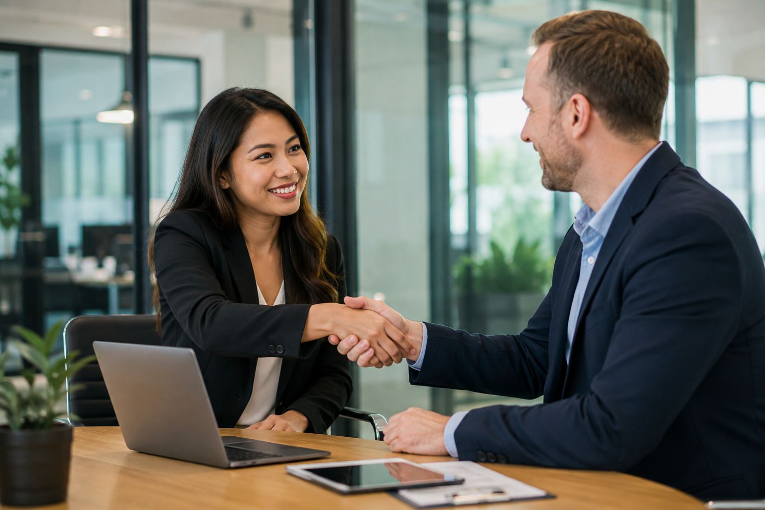 Filipina professional shaking hands with her new Australian client